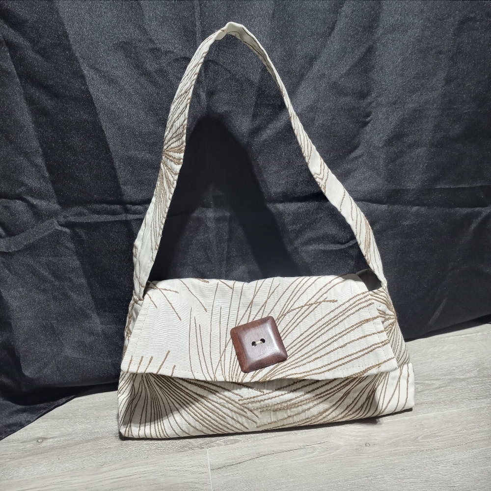Dana Herbert Y2K Cream and Brown Embroidered Canvas Shoulder Bag